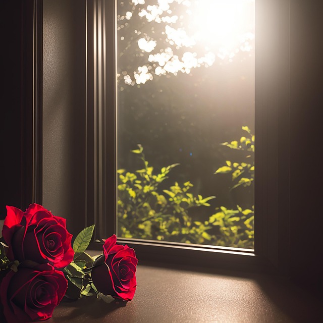 Rosas rojas delante de una ventana